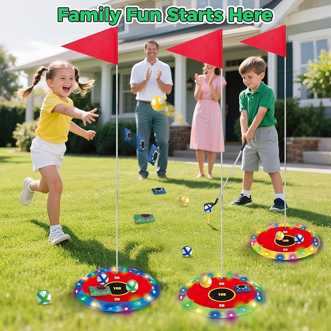 VATOS 2-in-1 Light up Golf for Kids- Golf Chipping Game & Bean Bag Toss with 6 LED Targets, 2 Clubs, 18 Balls, Night Golfs Play for Indoor Outdoor Party Yard Golfer Gifts Sports Toys for Kids 5-12