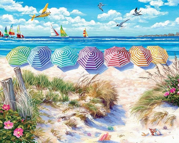 White Mountain 1000 Piece Jigsaw Puzzle Fun Summer Beach Puzzles with Large Pieces Gift for Adults and Family 24"x30" - Rainbow Umbrellas