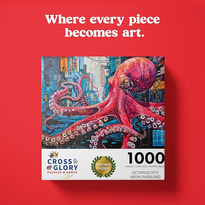 Cross & Glory 1000 Piece Jigsaw Puzzle for Adults | Octopus City: Neon Overlord | Marine Ocean Artwork Puzzle | Challenging Brain Teaser | Cyberpunk Ocean Art