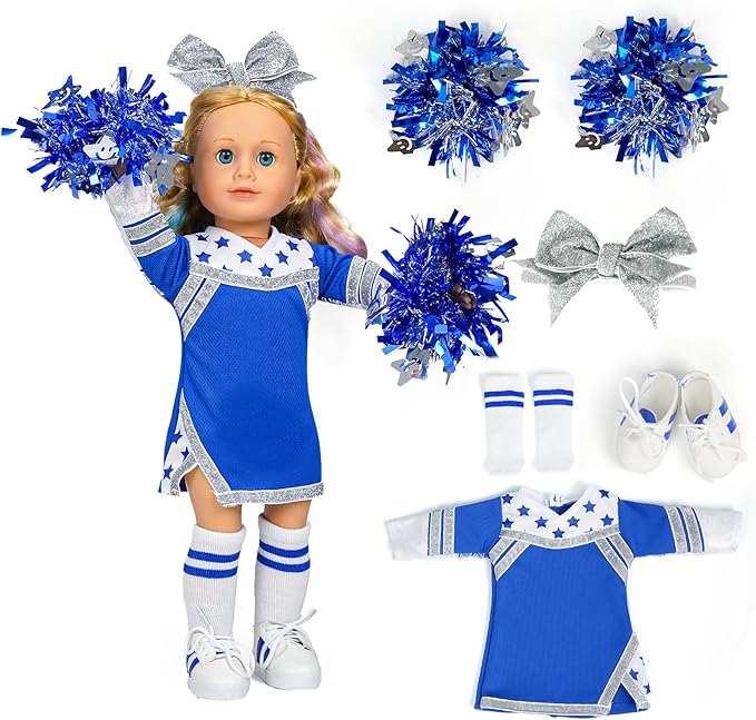 ARTST Cheer Uniform Doll Outfit-18 inch Doll Clothes & Accessories Set-Clothing Pom Poms,Shoes,Socks and Hairbow,Valentine's Sport Gifts for Girls Age 6+(NO Doll)