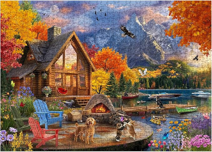 Fall Autumn Landscape Puzzle for Adults 1000 Pieces Nature, Colorful Cozy Jigsaw Puzzle, Cat Puppy Flower Bird Puzzle