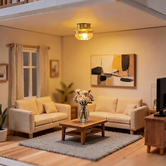 2 pcs 1:12 Scale Miniature Dollhouse Ceiling Lights, Mini Gold Led Battery Operated for Doll House Decoration Accessories