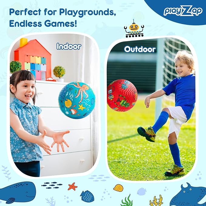 PlayZap 2 Pack Playground Balls for Toddlers, Kickballs for Kids 3-12, 8.5" Rubber Bouncy Balls with Pump, Indoor & Outdoor Dodgeball Toys for Boys & Girls Gifts, Red Blue