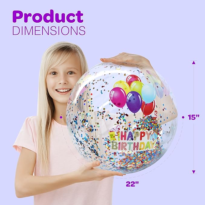 4E's Novelty 22 Inch Large Happy Birthday Beach Ball with Glitter Inside, for Pool Birthday Decorations Supplies, Outdoor Yard Games, Inflatable Pool Toys for Kids Adults