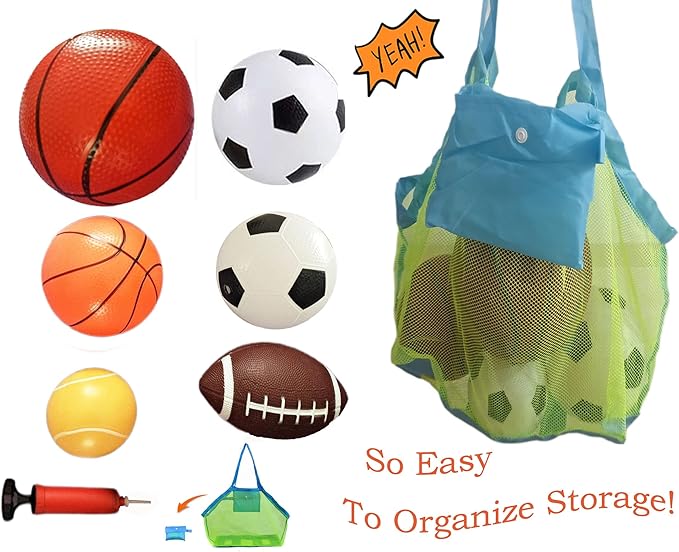 Soft Sports Balls Set for Kids Various Size of Soccer Ball, Basketball, Football,Tennis Ball,Volleyball with Hand Pump