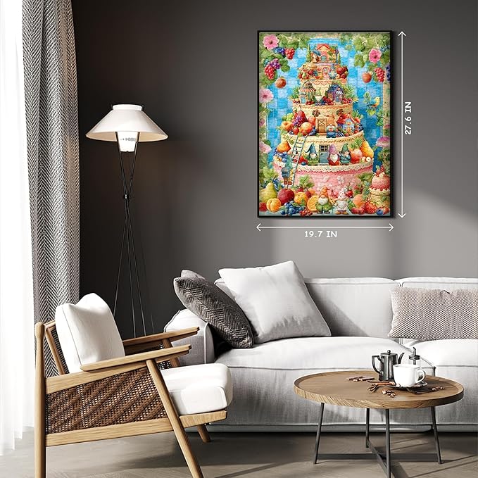 Funny Gnome Puzzles for Adults 1000 Pieces, Cute Gnomes Cake Food Fruit Flower Puzzle, Colorful Floral Challenge Jigsaw Puzzle