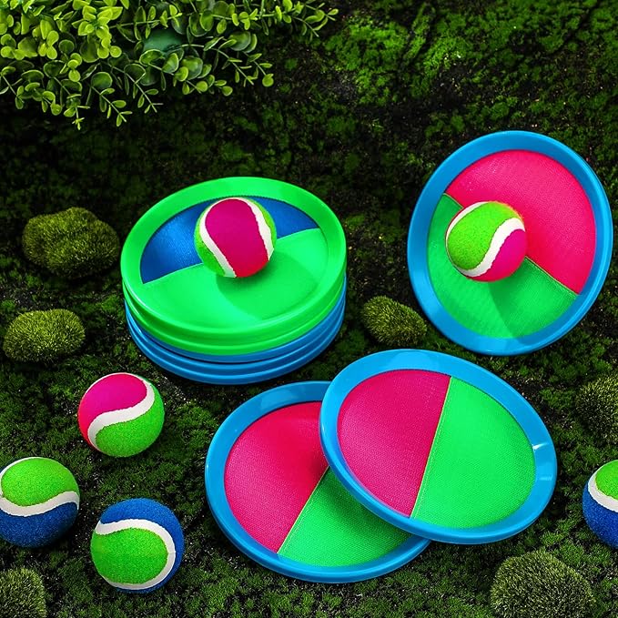 Charniol Kids Toys Toss and Catch Game Set Beach Game Outdoor Ball Sports Games Toss and Catch Ball Nylon Toys for Kids Adults(Blue Green, Pink Green,12 Paddles 6 Balls)