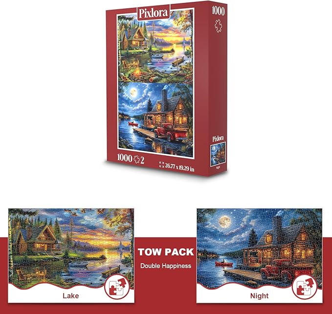 Puzzles for Adults 1000 Pieces, 2 Pack Lake and Night View Jigsaw Puzzles, Nature Theme, Challenging Puzzles for Game Night, Perfect for Nature Lovers