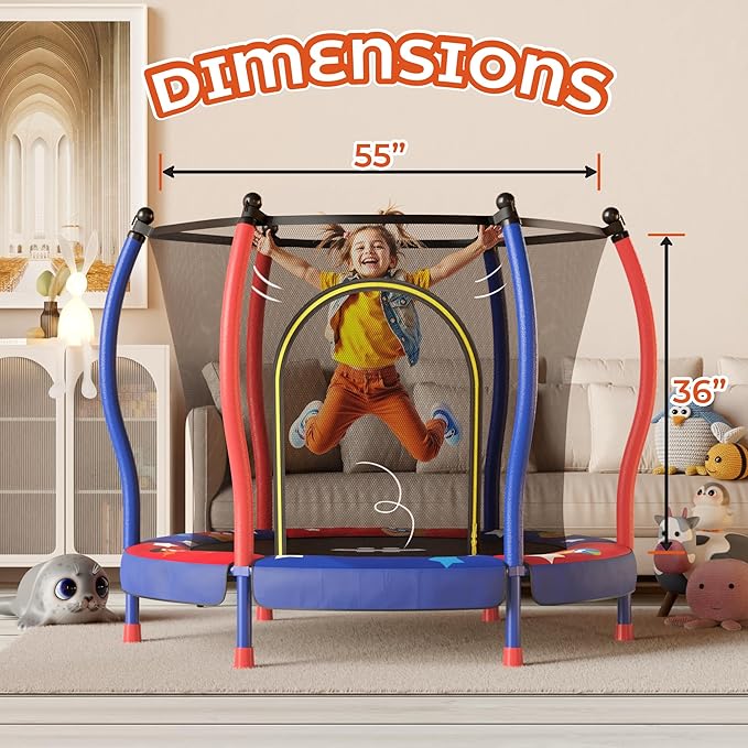 Happin® 55’’ Trampoline for Kids with Safety Enclosure, Indoor & Outdoor Toddler Trampoline, Ultra Safe Design with Multi Activity Accessories, Perfect Toddler Gift for Boys & Girls Ages 1–8