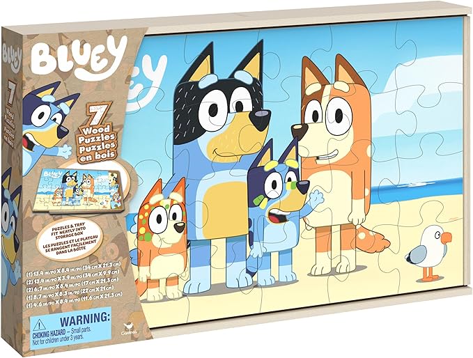 Spin Master Games, Bluey Puzzles 7-Pack, Wooden Jigsaw Puzzles for Preschoolers, 12, 16, & 24 Pieces, Storage Tray, Bluey Toys, for Ages 4 & Up