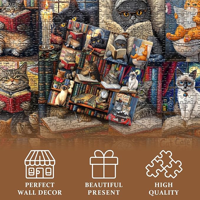 Vintage Cat Puzzles for Adults 1000 Pieces，PICKFORU Retro Cat Library Themed, Book Kitten Bookshelf Jigsaw Puzzles Collage Challenge