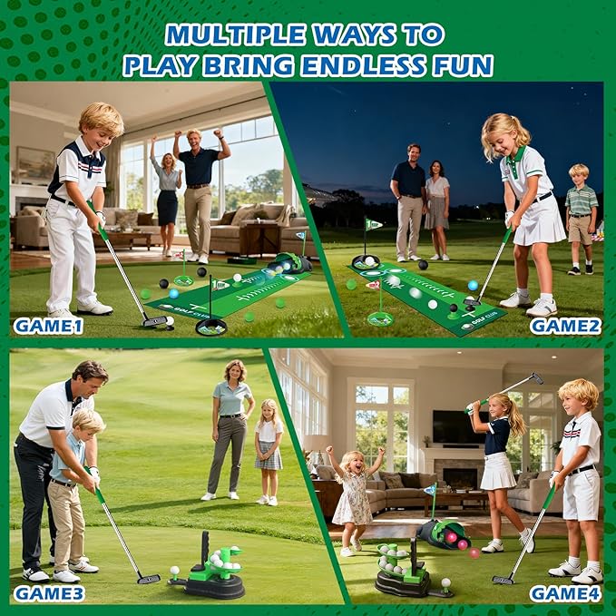Upgraded Kids Toy Golf Set, 3 in 1 Golf Toys with Dinosaur Automatic Ball Returner & Ball Launcher Led Light Up Balls, Mini Golf Toy for Ages 3-8, Indoor Outdoor Sports Gift for Boys Girls