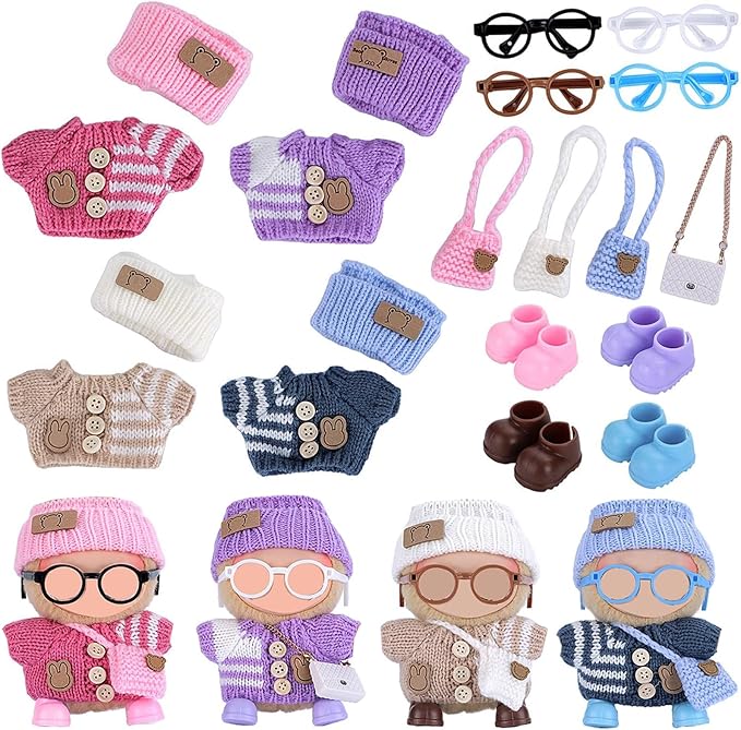 Ezcora Knitting Outfit Set for 17cm Dolls, 4 Cozy Sweaters with Hats, Shoes, Glasses Bags, 6.7-Inch Doll Accessories, Gift Idea, (No Dolls)
