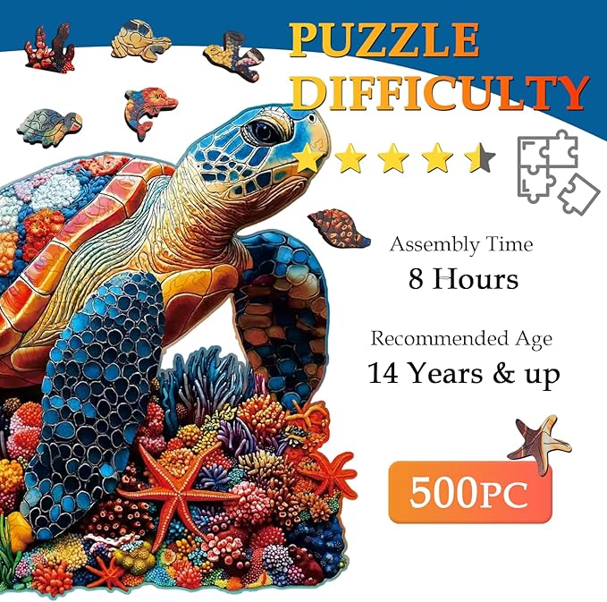 Wooden Jigsaw Puzzles for Adults and Kids, Sea Turtle 500 Piece Unique Shaped Puzzle, Family Game and Creative Wooden Puzzle Gift, Wall Art Decor