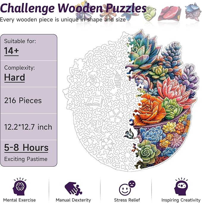 216 Piece Colorful Succulent Bowl Wooden Jigsaw Puzzle for Adults - 12.2x12.6’’ Vibrant Floral Plant Puzzle, Relaxing Family Activity, Unique Gift for Garden & Nature Lovers (Succulent)