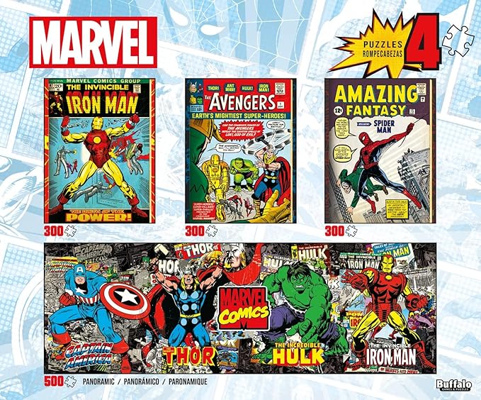 Buffalo Games - Marvel Comics - 4 in 1 Multipack Comics Collection - Jigsaw Puzzle Bundle for Adults - Three 300 Piece Puzzles and One 500 Piece Panoramic Puzzle