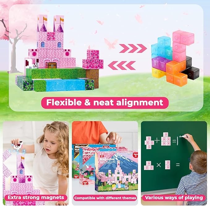 Magnetic Blocks - 100PCS Magnetic Building Block for Kids, Build Pink Princess Castle Magnet Cubes Sets, Princess Toys for Girls Ages 3 4 5 6 7 8-12 Easter Birthday Gifts Construction STEM Toys