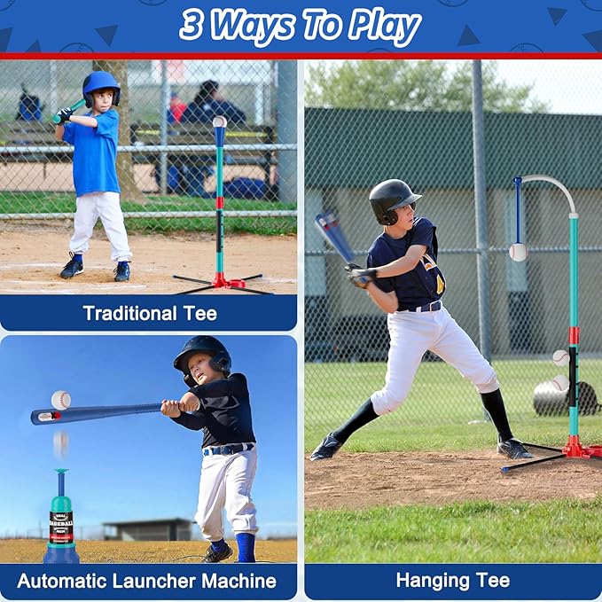 3-in-1 T Ball Set for Kids: Hanging Batting Tee + T Ball Stand Set Auto BaseBall Launcher for Toddlers & Youth Adjustable Height with 2 Bats 6 balls Outdoor&Indoor Toys Sports Gifts for 3-12 years old