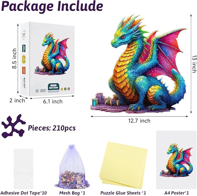 210 PCS Wooden Jigsaw Puzzle for Adults – Colorful Dragon Shape Puzzles, Unique Animal Shape Wooden Puzzle, Challenging Brain Teaser Gift for Adults, Art Puzzles Gifts for Friends Family (Dragon)