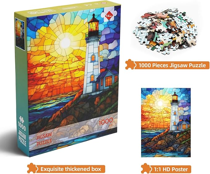 Colorful Stained Glass Lighthouse Puzzle - 1000 Pieces Impossible Puzzle for Adults - Jigsaw Puzzle Adventure (19.7x27.6 in)
