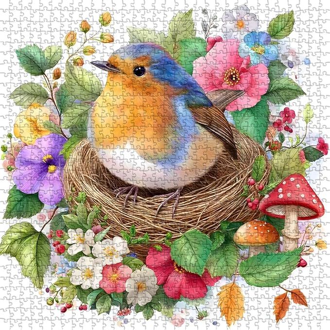Robin Bird Puzzles for Adults 1000 Pieces, Flowers Garden Puzzles Mushrooms Floral, Nature Spring Bird Jigsaw Puzzle Painting