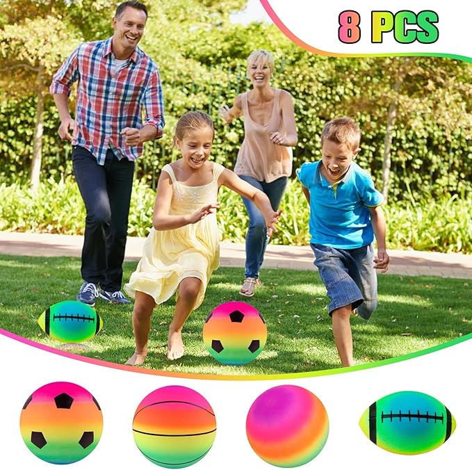 Rainbow Sports Balls, 8 Pack 8.5" Bounce Neon Playground Balls Soccer Basketball Football Sports Rubber Kick Balls for Indoor Outdoor Activities Birthday Gift