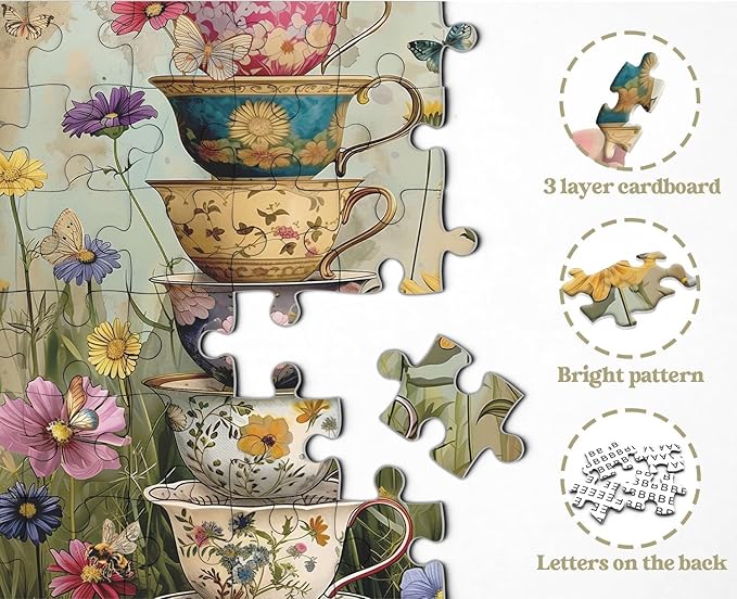 Vintage Flower Cup Puzzle for Adults 1000 Pieces, Nature Challenging Spring Floral Plant Puzzles, Retro Cups Garden Puzzle with Butterfly and Bee as Home Wall Art Decor