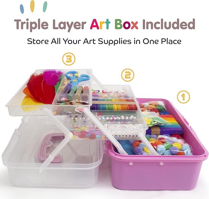 Olly Kids Arts and Crafts Supplies for Kids Girls 4 5 6 7 8 9 10 11 & 12- Ultimate Crafting Supply Carboodle in Portable 3 Layered Plastic Art Box