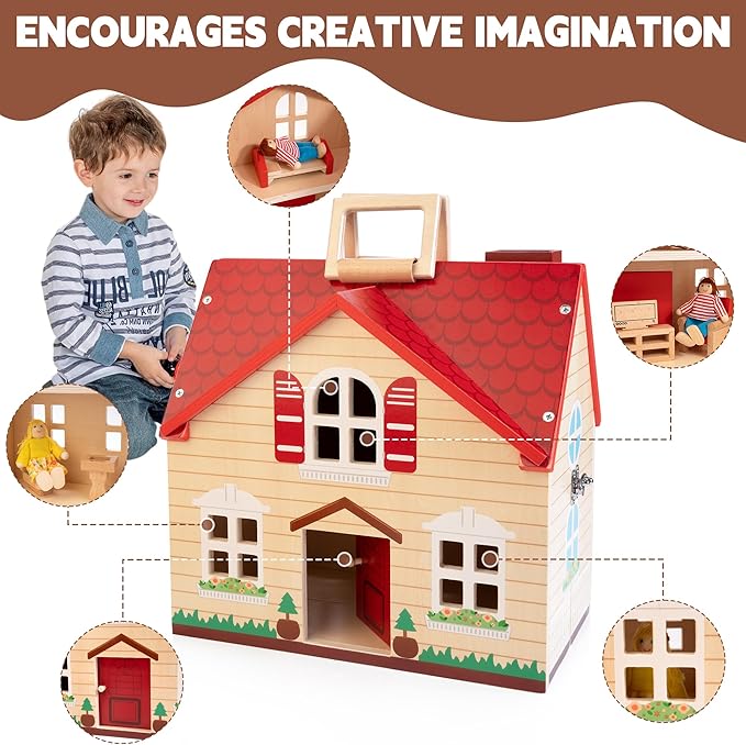WOODMAM Foldable Wooden Dollhouse with 13PCS Furniture, 4 Rooms and 2 Flexible Dolls, Pretend Play Doll House Set with Portable Handle, Christmas Birthday Gift for Boys Girls Age 3+, Cottage