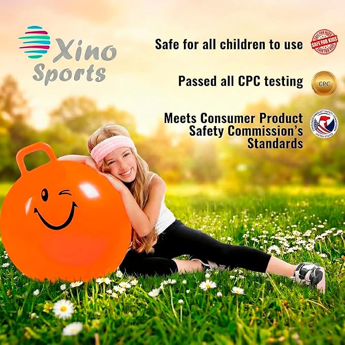 Xino Sports Hopping Ball for Kids, Teens & Adults - Fun Bouncy Ball with Handle, Durable and Safe Hopper, Indoor and Outdoor Toy for Jumping & Exercise (Orange, 22 Inch Diameter)