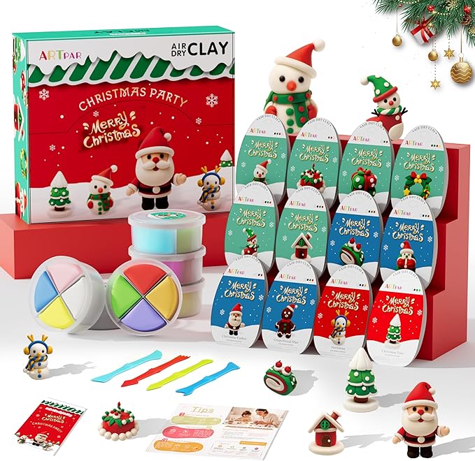 Air Dry Clay Kit for Kids,Christmas Crafts Supplies,12 Boxes Modeling Magic Clay Kit with Sculpting Tools Tutorials,Xmas Snowman Holiday Party Decor Gifts for Boys & Girls Age 3-12 Years