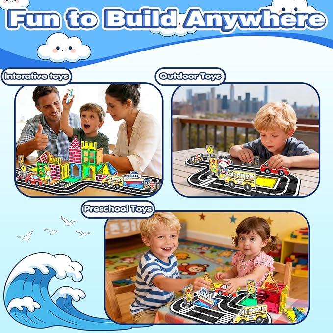 Magnetic Tiles Road Set 100Pcs- Magnetic Building Blocks for Kids Ages 3-5 and 4-8, Preschool STEM Sensory Toys for Toddlers 3-5, Educational Construction Gift for Boys & Girls Birthday Christmas