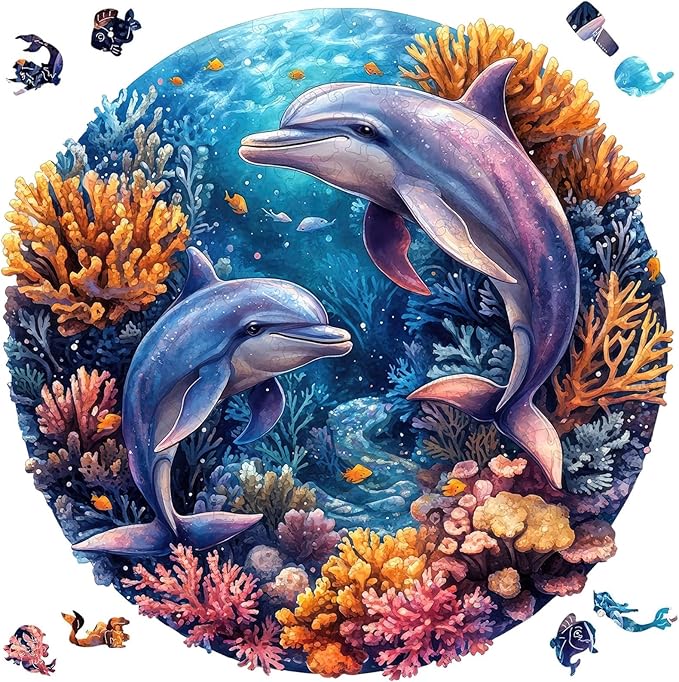Qiuenisray Wooden Puzzles for Adults, Dolphins Jigsaw Puzzles 200 Pieces, FSC Certified Unique Shape Ocean Adult Puzzles, Irregular Wood Creative Gift for Family Game 11.2 x 11.2 in