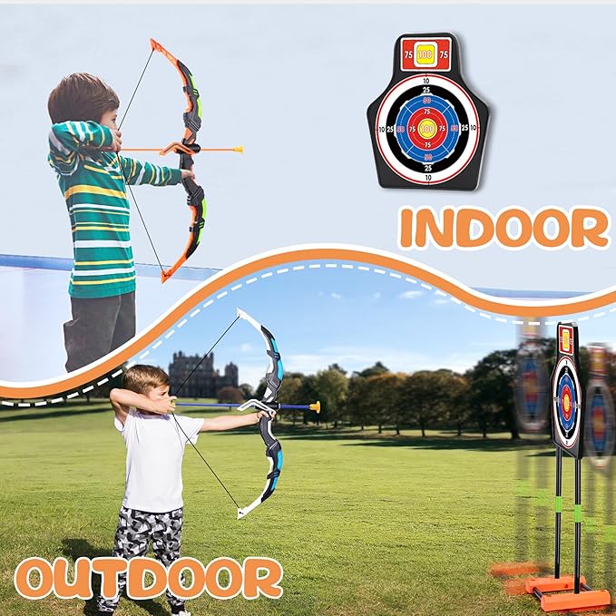 2 Pack Bow and Arrow Set with Moving Standing Target& 2 Colors 20 Suction Cup Arrows, Light Up Archery Toys for Kids age 4-12 Years Old Boys Girls Indoor and Outdoor, Birthday Gifts Christmas ideas
