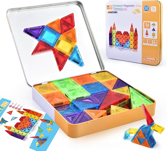 56PCS Mini Magnetic Tiles, Portable Magnetic Toy Travel Set for Kids, Includes Iron Storage Box, Puzzle Toy for Boys and Girls Ages 3+, Creative Building Toy Set, Holiday
