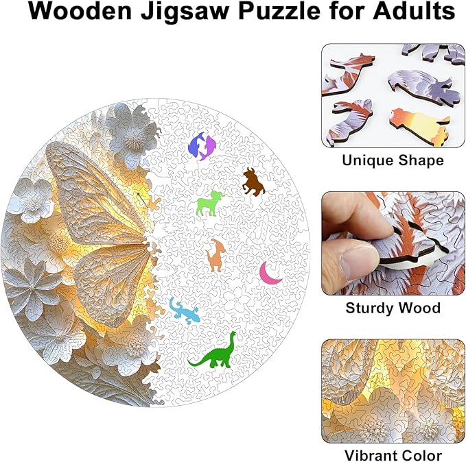 Wooden Puzzles for Adults, 210 Pieces Round Unique 3D Butterfly & Flower Shaped Wooden Jigsaw Puzzle, Easter Gift for Mom, for Adult Puzzle Lovers