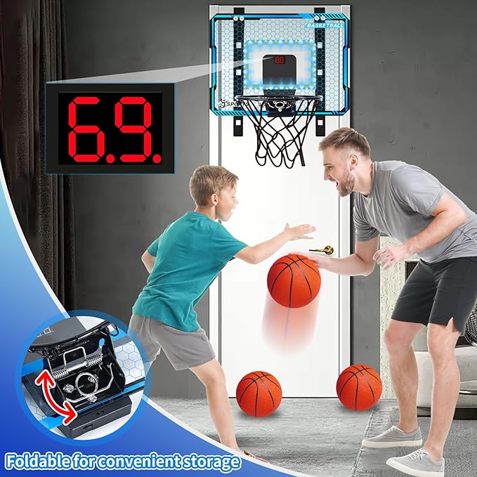 Adjustable Height Basketball Hoop Indoor with LED Lights, Basketball Toys Gifts for 5 6 7 8 9 10+ Year Old Boys Kids, Indoor Over The Door Mini Basketball Hoops with Electronic Scoreboard & 3 Balls