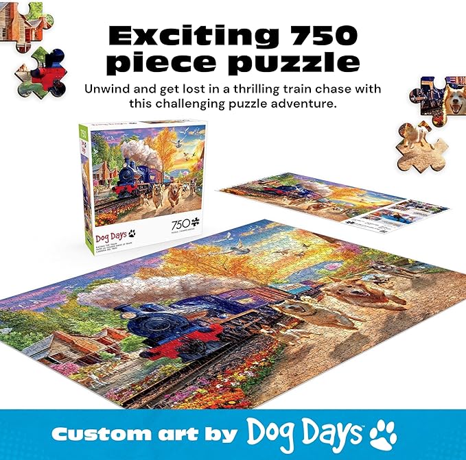 Buffalo Games 750 Piece Jigsaw Puzzle Angelo Bonito Racing The Train, Made in USA, Premium Recycled Board, Full-Color Poster, Giftable Dog Days Art
