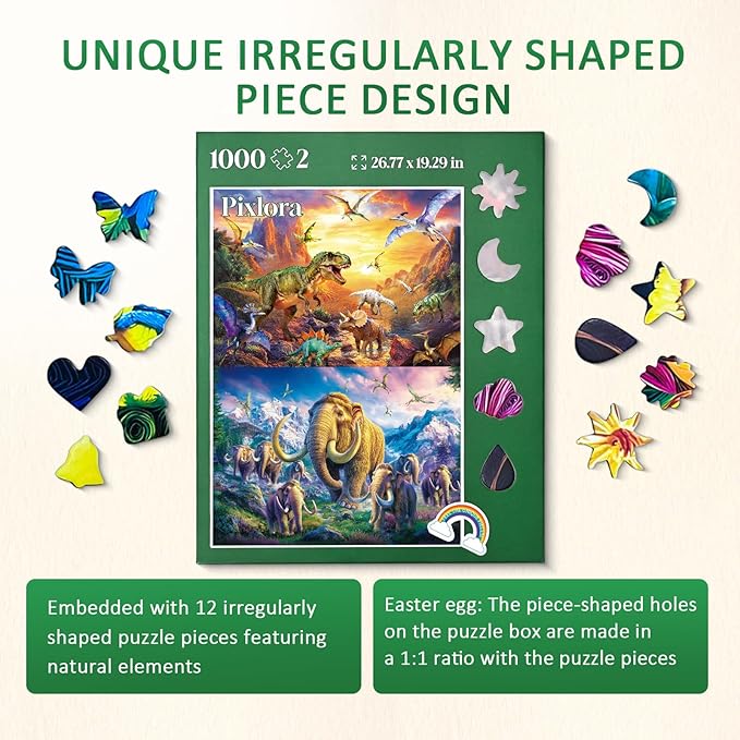 Jigsaw Puzzle 1000 Pieces Adult, 2 Pack, Unique Shape Nature Series Puzzle, Dinosaures and Mammoths Theme, Challenging Puzzles for Game Night, Highly Interactive Family Games for Adults