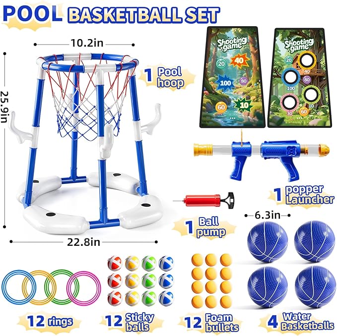 Pool Basketball Hoop, 4-in-1 Floating Pool Toys Ring Game with 4 Balls, Air Pump Launcher and Sticky Balls, Outdoor Swimming Pool Basketball Game Water Toy Family Party for Kids Age 3-12