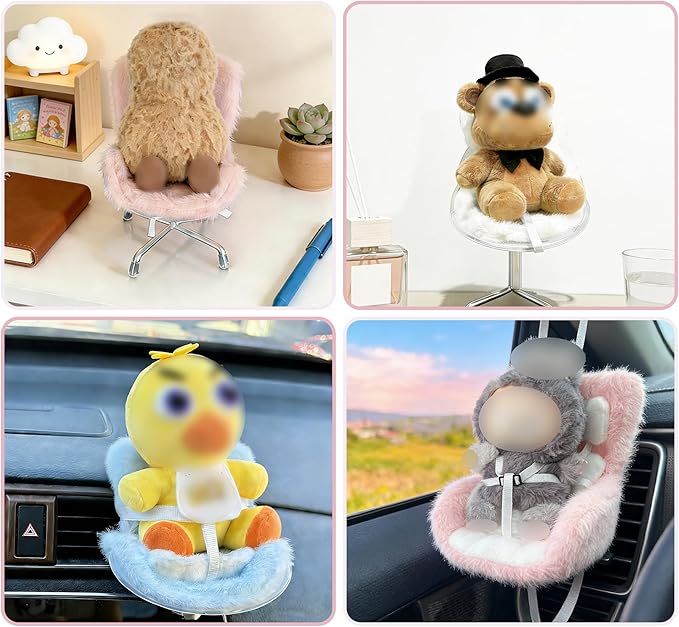 Doll Car Seat for 3–8 inch Figures, Fits Character Plushes, Blind Box Dolls & Vinyl Collectibles, Includes Air Vent Clip & Desktop Stand, Cute Car Ornament for Collectors (Pink)