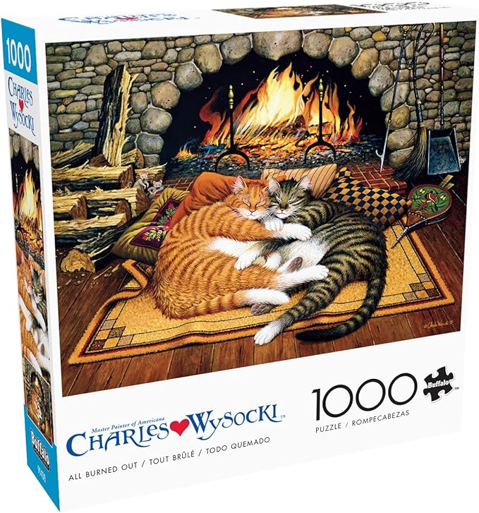 Buffalo Games – Charles Wysocki All Burned Out 1000 Piece Jigsaw Puzzle for Adults, Cozy Cat Fireplace Americana Artwork, Made in USA