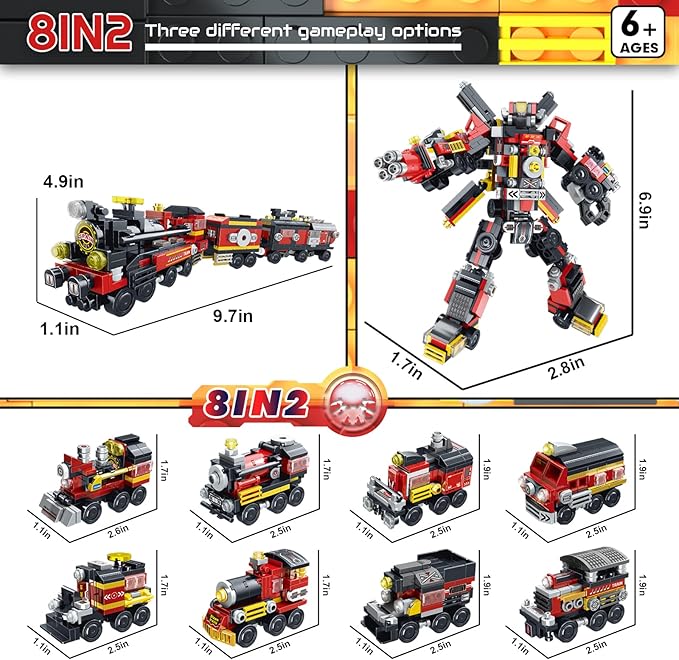 8-in-2 Transforming Building Blocks Set - 766 Pieces STEM Educational Toy, Robot & Train Models Compatible with Major Brands, Creative Gift for Kids Ages 6-14