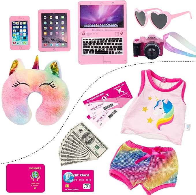 XFEYUE 23 Pcs American 18 inch Doll Clothes and Accessories - Suitcase Luggage , Pillow, Sunglasses, Camera, Passport, Mobile Phone , Computer Doll Travel Gear Play Set (No Dolls)