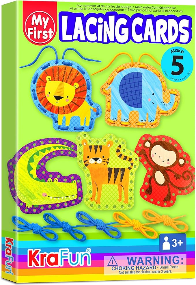 KRAFUN Beginner Preschool Lacing Card Kit for Kids Arts & Crafts, 5 Easy Safari and Animal Lacing Projects, Paper Craft Cards for Toddlers, Fine Motor Skills Training Toys