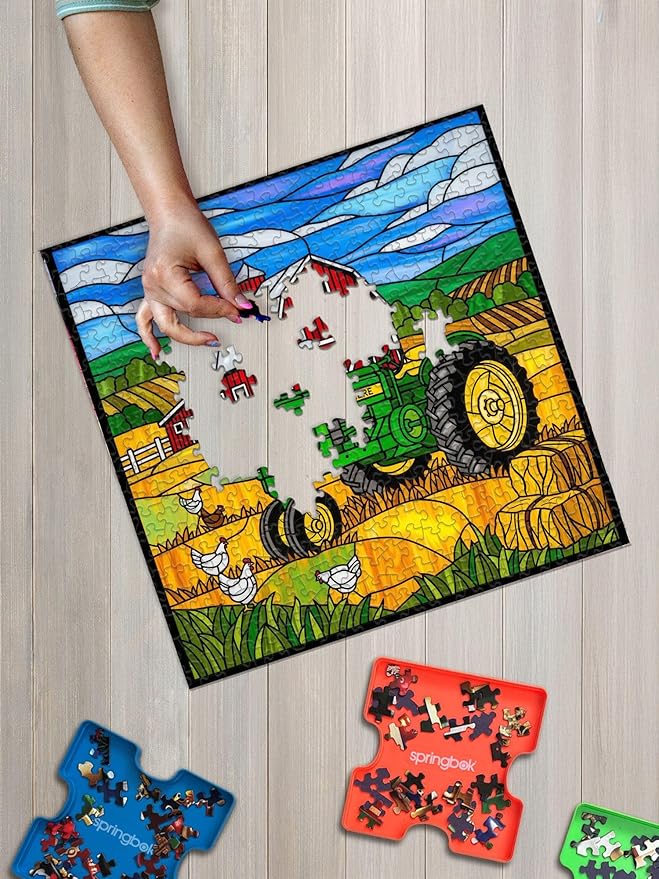 Springbok Stained Glass Farm 500 Piece Jigsaw Puzzle for Adults & Family - Colorful Farm Animals Art, Stained Glass Style Scene - Unique Cut Pieces - Made in USA