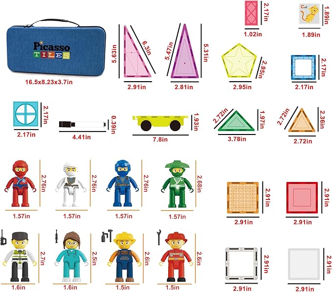 PicassoTiles 100PC Magnetic Tiles Construction Building with Carrying Case Included Block Set with Car, 8 Sets of Characters and Base Whiteboard Marker Playset Toy Kit for Boys & Girls Ages 3+ PB01