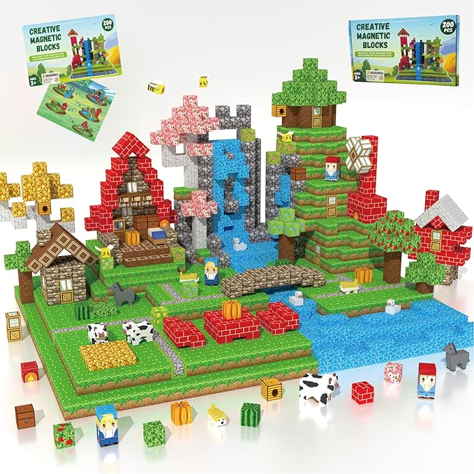 200 PCS Magnetic Blocks - Upgraded STEM Building Toys for Kids Featuring 5 Colorful Animal-Shaped Blocks, Magnetic Tiles for Kids 3+ Boys and Girls Christmas Birthday Gifts