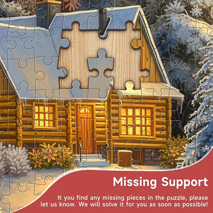 Winter Cabin 1000 Piece Puzzle for Adults - Snowy Forest & River Boat Art, Poster & Lettered Back, 20"x28" HD, Gift for Winter & Nature Lovers
