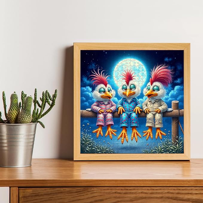 Chicken Puzzles for Adults 500 Pieces - Funny Colorful Chickens Jigsaw Puzzle, Chicken Under the Moon Art Puzzle with Letters on Back, Cute Cartoon Animal Puzzles as Thanksgiving Home Decor